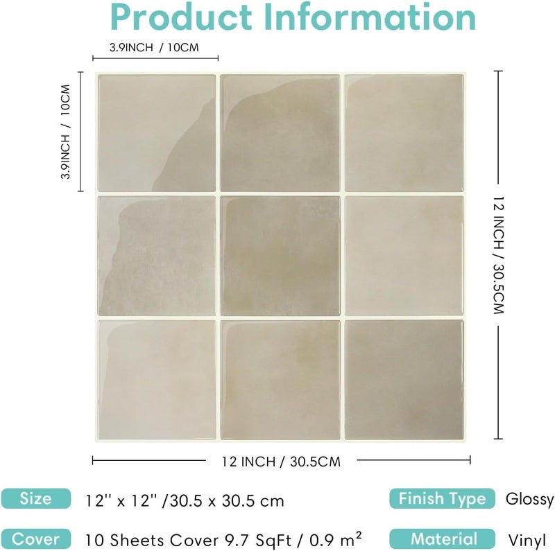 Commomy Thicker Peel and Stick Tiles - 10 pcs of 12" x 12" - 3D Adhesive Square Peel and Stick Tiles Backsplash for Kitchen, Bathroom, Removable, Waterproof, Vinyl Wall Tile - Image 5
